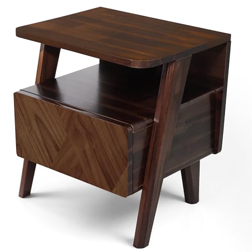 Image of Rum Nightstand with Drawers, Solid Acacia Wood Bedside Table with Drawer & Open Shelf, Handcrafted Wood Grain End Table, Scratch & Water-Resistant, Durable & Easy Assembly (Walnut, Rum)