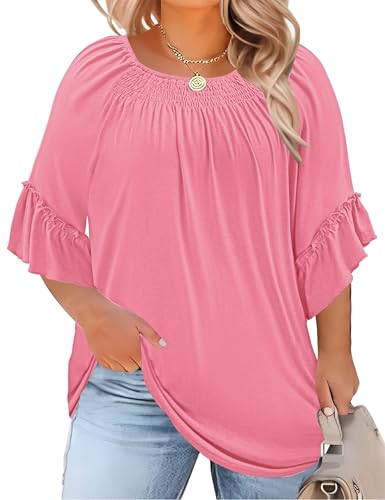 Image of Micoson Womens Plus Size Tops 3 /4 Ruffle Sleeve Crewneck Pleated Shirts