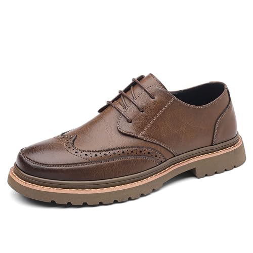 Men's Leather Brogues Wingtip Oxfords Casual Business Lace Up Anti-Slip Lug Sole Block Heel Derby Shoes for Wedding Office Formal Dress Shoes