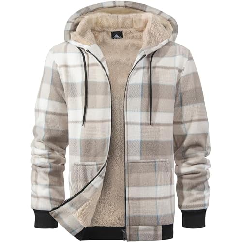 ZITY Heavy Thick Hoodies for Men Plaid Flannel Warm Sherpa Fleece Lined Winter Full Zip Up Coat Light Gray White 3X-Large