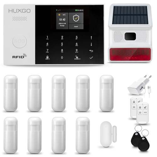 HUXGO® HXA005 Alarmanlage Haus WiFi + GSM 4G mit Funk Solarsirene | Tuya Smartlife App | Alarm System mit Fenstersensor, 9X Bewegungssensoren | Alarmanlage Wohnung, Garage