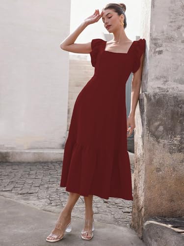 Image of Sugathari Girl's & Women's Solid Color Square Neck, Ruffle-Trimmed Hem Sleeveless, Ruffle Armhole and Casual Dress with Cinched Waist Vacation Outfits Woman (Dress 176)