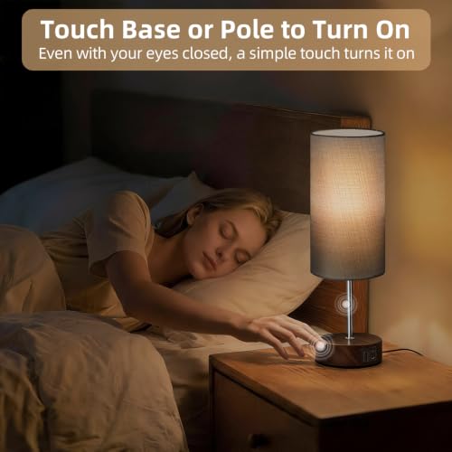 Image of Table Lamp, Dimmable Touch, AC Outlet, USB A+C (Grey&Walnut)