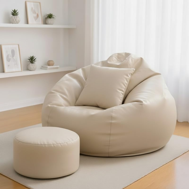 Image of Biggie Bean Bag with Beans Filled 4XL The Evergreen Classics Bean Sofa-Crafted for Comfort-Styled for Elegance with Free Cushion & Footrest (Matching Color : Leatherette Cream)