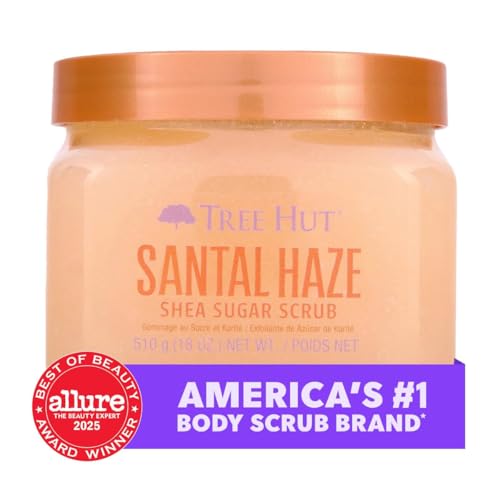 Image of Tree Hut Santal Haze Body Scrub, Exfoliating & Hydrating Sugar Scrub with Shea Butter & Essential Oils, Smooth Skin, Body Exfoliator For All Skin Types, Self Care Gifts for Women, Vegan, 18 Oz