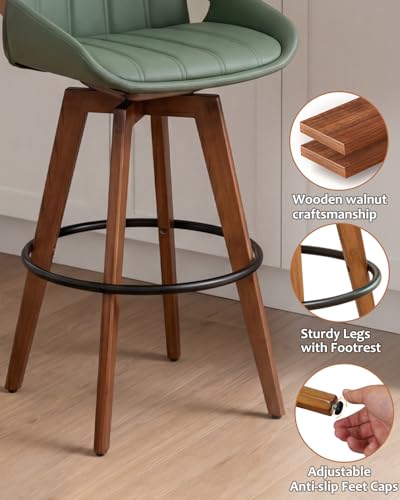 Image of AQG Green Bar Stools 30 Inch Set of 4 Leather Bar Height Stools with Backs, Mid Century Modern Swivel Bar Chairs, Upholstered Barstools Wood Frame for Kitchen Island