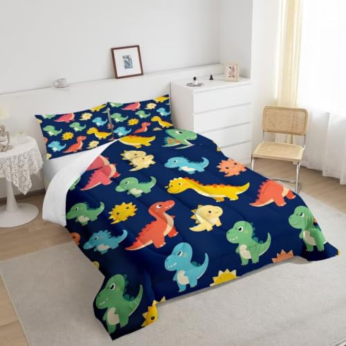 Image of Cartoon Dinosaur Comforter Set for Boys Colorful Twin Bedding Set | Navy Blue Cute Colorful Dino Floral Print Bedding Set for Kids Girls, Washable Soft Bed Set with 1 Comforter 1 Pillowcase