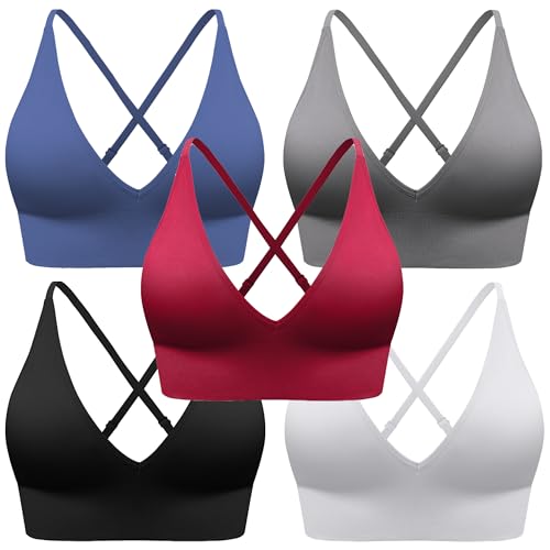Image of BLUELILY Adjustable Deep V Neck Bras 3 /5 Pack Sports Bras for Women Padded Seamless Spaghetti Strap Criss Cross Yoga Bras