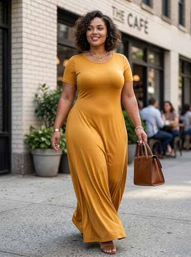 Image of SUZONANA Plus Size Maxi Dress for Curvy Women Summer Casual Sundress Short Sleeve Loose Vacation Dress