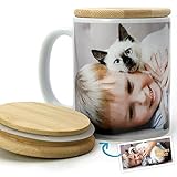 Taza personalizada con foto | Taza personalizada con foto y texto de cerámica Premium con tapa de bambú ECO | Regalos originales con foto para hombre, mujer, niños, profesores | DIseño: 1 foto