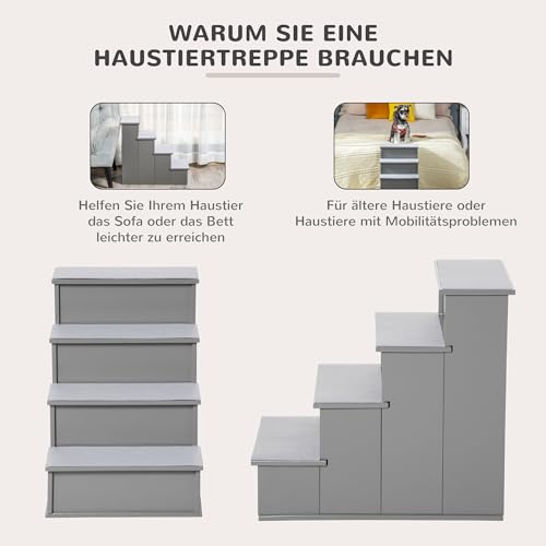 PawHut Haustiertreppe 4-stufige Hundetreppe Katzentreppe Einstiegshilfe mit Rutschfester Matte Haustierleiter für Auto Bett Sofa Grau 40 x 59 x 54,2 cm