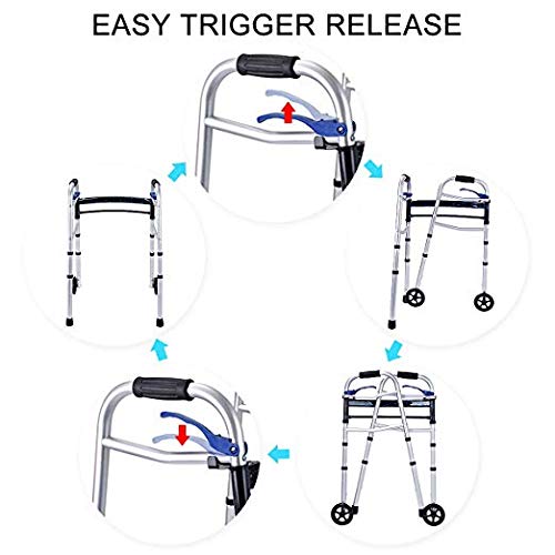 Health Line Massage Products Compact Trigger Release 350 lbs Folding Walker with 5 inch Wheels and Fold-up Legs, Lightweight & Portable with 2 Pairs of Glides - Thumbnail 2