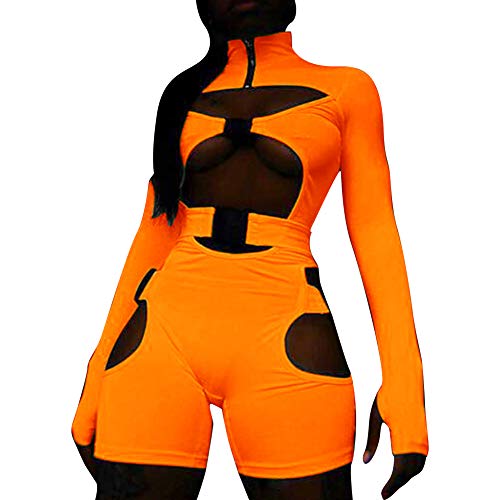 ECHOINE Women Sexy Bodycon Long Sleeves Hollowing Out Jumpsuit Buckle Cut Out Biker Short Rompers Bodysuits Orange S