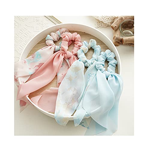 8Pcs Scarf Hair Scrunchies Ribbon Ties Cute Chiffon Bow Scrunchies Flowers Long Bowknot Knotted Hair Scarf Scrunchie Pony Tails Holder Hair Bands For Women Girls Floral Blue Pink #TOP6