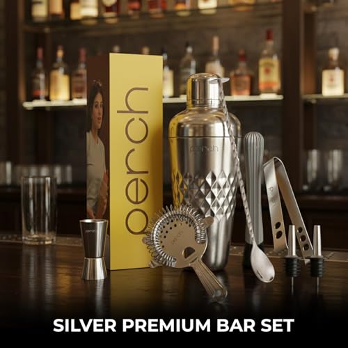 Image of O' Holic by Perch Craft 8-Piece Stainless Steel Bartender Kit|Premium Cocktail Shaker Set with Jigger 30 /60ml, Spoon,Pourer,Ice Tong, & Bar Tools|Professional Bar Set for Home &Tour Parties|Silver