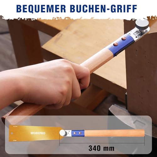 WORKPRO 250mm Japansäge mit 0,6mm SK5 Klinge und Holzgriff, Doppelte Kante japanische Handsäge 18TPI/7-10TPI, Profi Feinsäge Zugsäge für Holzbearbeitung Heimwerker Zimmermann