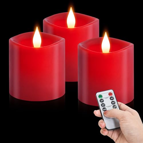 Image of 3x3 Flickering Flameless Candles Set of 3, LED Battery Candles,with Timer, 3 inch Flameless Candles with Remote, for Holiday Home Decor,Red