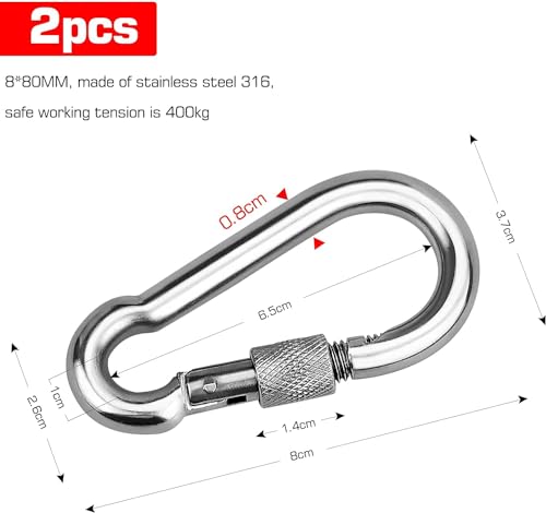 2 Stück Feuerwehr Karabinerhaken Groß Schraubkarabiner Edelstahl 80mm x 8mm Mit Schraube Rostfrei Mit Verschluss Karabiner Tragfähigkeit/WLL: 400kg