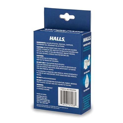 Crane Halls® Scented Vapor Pads – 12 Count Mentho-Lyptus Blue – Up to 8 Hours of Soothing Vapors – for Use with Humidifiers, Steam Inhalers & Vaporizers