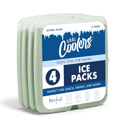 Image of Cool Coolers by Fit & Fresh Slim Ice Packs, Quick Freeze Reusable Ice Packs for Lunch Boxes & Coolers, Long-Lasting, Space Saving Lunch Ice Packs, Sage, 4Pk