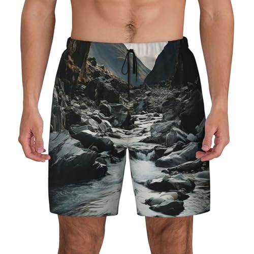 Men's Swim Trunks Quick Dry Board Shorts River and Gray Rocks Beach Shorts with Pocket Bathing Suits for Men