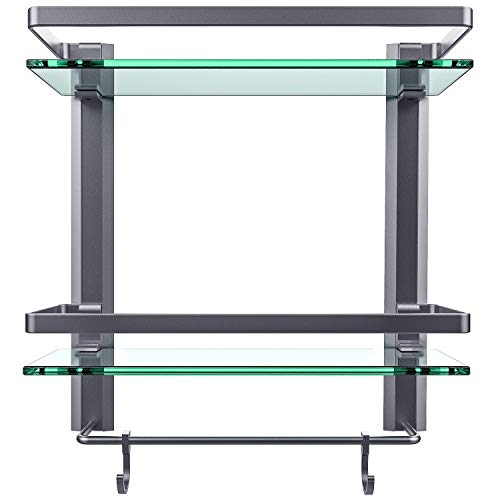 Vdomus Glass Bathroom Wall Organizer Shelf, 2-Tier Glass Shelf With Integrated Towel Bar Wall Mounted Shower Storage 15.2 By 5 Inches, Brushed Silver Finish (2 Tier Glass Shelf) #TOP7