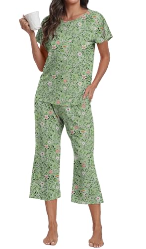 Image of YUNDAI Women's Short Sleeve Pyjama Set Floral Print Soft Loungewear 2 Piece Nightwear Top and Capri Pants with Pockets, Large Floral Green