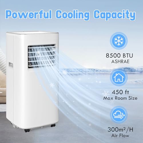 8500BTU Portable Air Conditioner 3-IN-1 with Fan&Dehumidifier AC unit with LED Remote Control up to 450 sq.ft. Room Air Conditioner with Sleep Mode,24H Timer,2 speed,Auto-evaporativ.