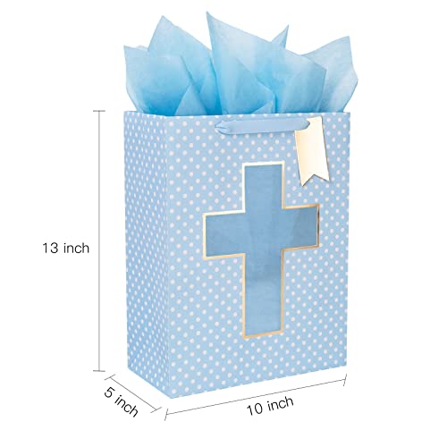 Loveinside Blue Gift Bag with Cross Design, Tissue Paper for Baby Boy Baptisms, Christenings, First Communions Religious Occasion- 10" x 5" x 13", 1 Pcs
