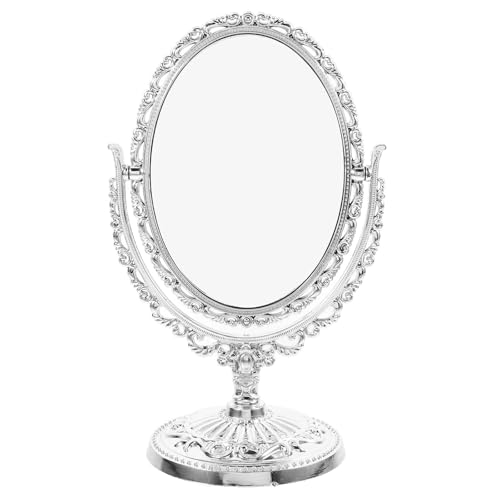 VICASKY Vintage Small Oval Dual-Sided Swivel Vanity Makeup Mirror with Decorative Floral Edge Silver Frame for Desk, Bedroom, Bathroom, Compact Tabletop Dressing Mirror
