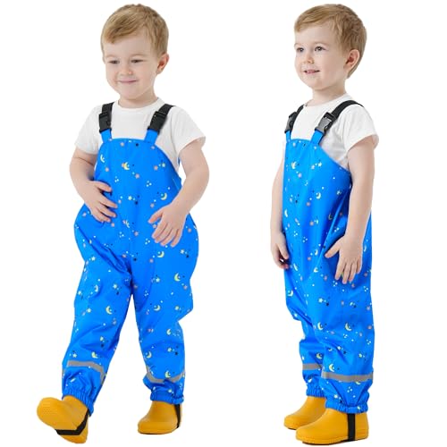Fewlby Calças impermeáveis para meninas, calças barro peito de chuva crianças macacão impermeável com tiras refletoras capa de chuva ao ar livre fato impermeável, azul