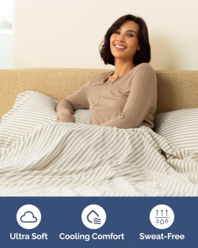 Image of Flex Top Split Head King 6 Piece Sheet Set - Soft & Cooling - Beige Stripes | Ultra Soft Hotel Luxury Bedding Set w / 8-16 Inch Deep Pockets, 1 Flat & 1 Split-Head Fitted Sheet & 4 Pillowcases, Fade Free