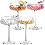 Coupe Glasses Set of 4, 8oz Tall Stem Crystal Martini Cocktail Glasses, Radial Sunburst Faceted Diamond Cut Drinkware for Margaritas, Champagne, Cocktail Parties & Home Bar Decor, Vintage Style