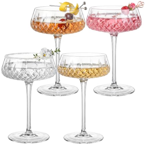 Coupe Glasses Set of 4, 8oz Tall Stem Crystal Martini Cocktail Glasses, Radial Sunburst Faceted Diamond Cut Drinkware for Margaritas, Champagne, Cocktail Parties & Home Bar Decor, Vintage Style by SIPBYSOP - Used condition - US$33.25