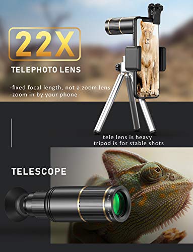 CoPedvic Phone Camera Lens Phone Lens for iPhone Samsung Pixel One Plus Huawei, 22X Telephoto Lens, 4K HD 0.67X Super Wide Angle Lens&25X Macro Lens(Screwed Together), 205° Fisheye Lens, Metal Tripod - Thumbnail 3