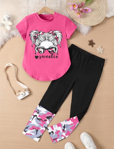 Image of Girls Outfits Short Sleeve Irregular Tops + Camouflage Long Legging Outfits 2PCs Summer Pant Sets 6-14T