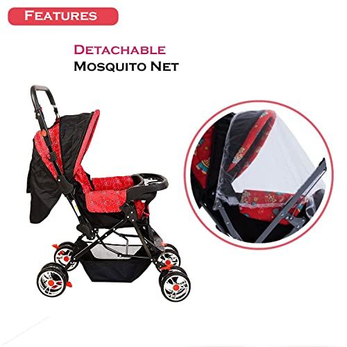 Image of Pop Pop Baby Pram & Stroller with Reversible Handle, Mosquito Net, Mother Bag, Multiple Reclining and Wheels with Brake (Red)