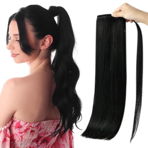 Image of Full Shine Pony Tail Extensions Real Human Hair, Jet Black, Event Style