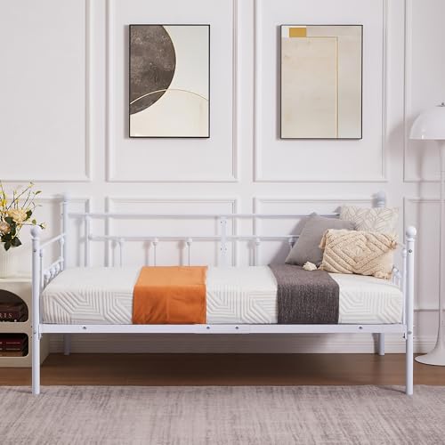 VECELO Daybed Frame,Twin Size Metal Platform Sofa Bed with Headboard，Heavy Duty Steel Slats Support for Living Room, Guest Room, Easy Assembly, White