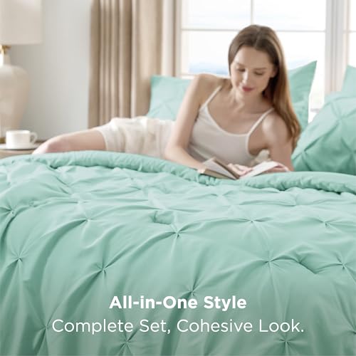 Image of Bedsure Queen Comforter Set Mint Green - Bed in a Bag Queen Size Bedding 7 Pieces, GentleSoft Pintuck Bed Set Gift for Family, All Season Down Alternative Comforter with Sheets, Pillowcases & Shams