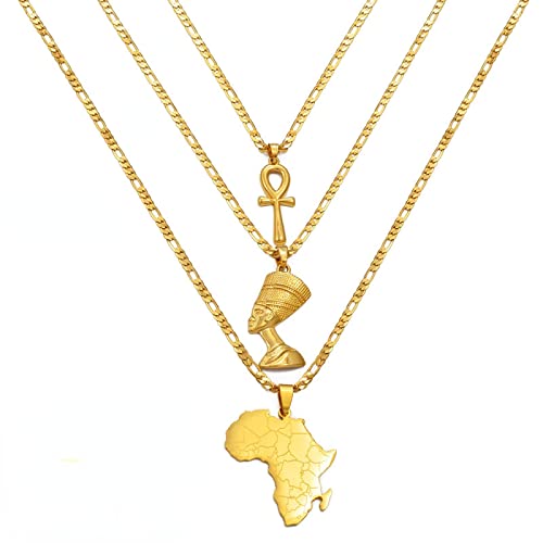 Ankh Néfertiti & Afrique Lot de 3 pendentifs en or pour mariage, anniversaire, fête, bijoux ethniques pour homme et femme #256306, Acier inoxydable