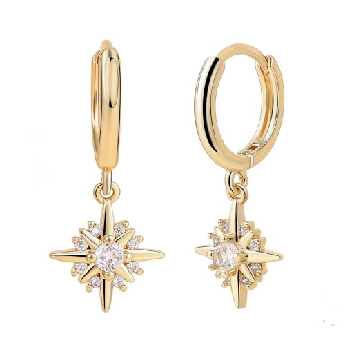 Gold Star Earrings for Women 14K Gold Plated Hoop Dangle Cubic Zi...