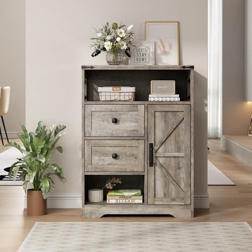 Fameill Farmhouse Storage Cabinet with 2 Drawers & Shelves,Freestanding Kitchen Cabinet with Doors,Floor Storage Organization for Living Room,Bathroom,Laundry,Grey