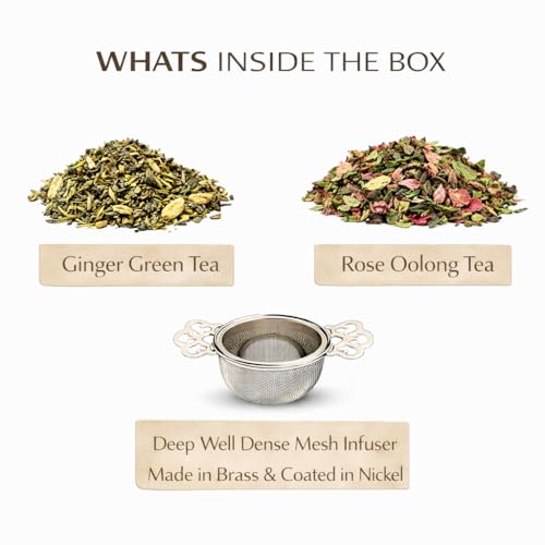 Image of Sancha Tea Boutique, Brewing Tales Collection, Luxury Gift Box with Ginger Green (50g), Rose Oolong (25g) & Premium Mesh Infuser | Botanical Print Box with Ribbon & Carry Bag