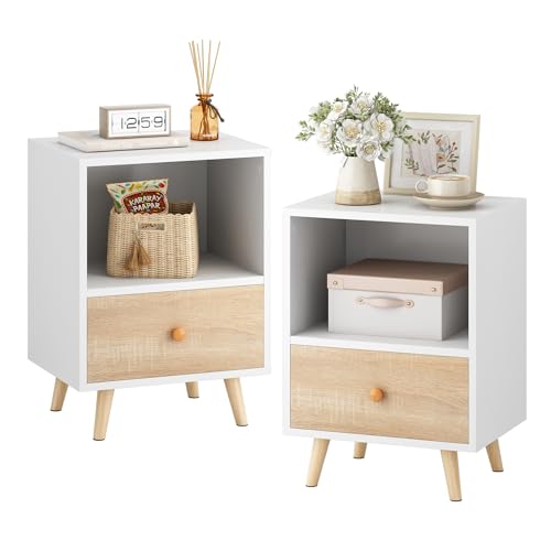 JAXPETY Nightstands Set of 2, Night Stand with Drawer and Open Storage Shelf, Bedside Tables with Solid Wood Legs, End Table, Side Table, for Bedroom(2-Pack, White)