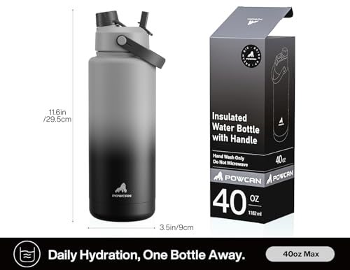 Image of POWCAN 40 oz Insulated Water Bottle with 2-in-1 Straw and Spout Lid, Keep Cold 24H, Leak-Proof, BPA-Free, Double Wall Stainless Steel Water Bottle for Sports, Gym, Travel, and School (Obsidian)