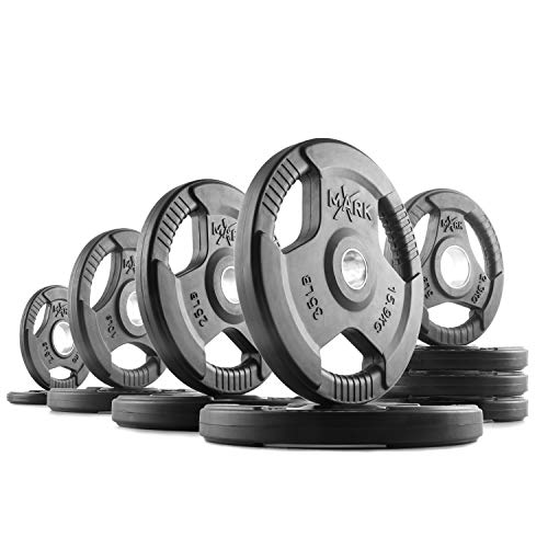 XMark Premium Quality Rubber Coated Tri-Grip Olympic Plate Weights - 165 lb Set