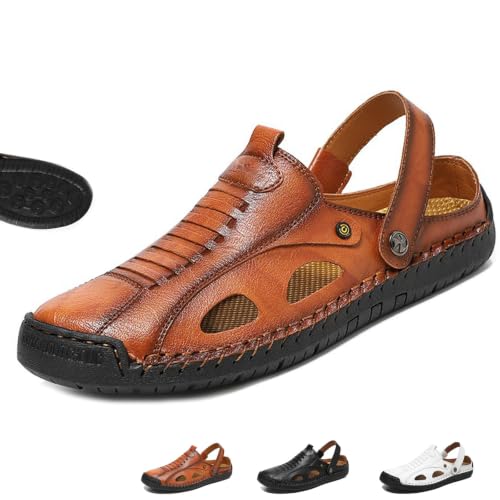 Sandalias huecas de puntera cerrada para hombre, transpirables, de malla de cuero, para verano, playa, pescador, antideslizantes, para caminar al aire libre, Brown, 39 EU