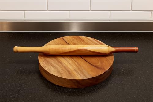 Image of Acacia Wood Wooden Chakla Belan Set for Kitchen Rolling Board and Pin for Chapati,Roti, Puri, Dough Rolling Board,Handmade Smooth Finish,Indian Traditional Cookware 9.5 Inch Diameter 1.5 Inch Thick