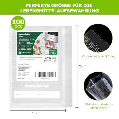 Bonsenkitchen Vakuumierbeutel 15x25cm, 100 Beutel Profi-Folienbeutel für alle Vakuumiergerät, vakuumbeutel für lebensmittel, Sous Vide Gefrierbeutel, Einschweissbeutel, BPA-frei